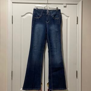 Cache 4 blue denim stretch jeans sequined accents metallic details stretch euc